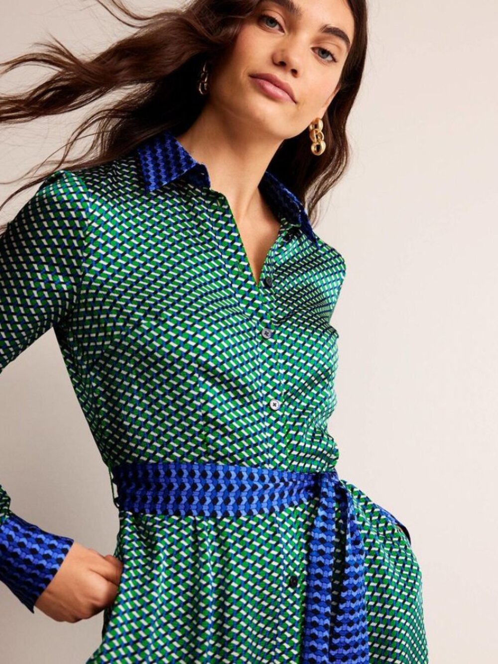 BODEN Kate Satin Shirt Dress in Bright Green, Geo Daze